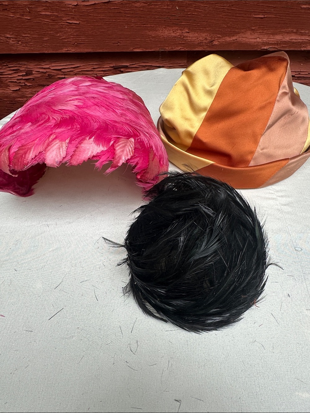 Three Vintage Feather and satin Hats - Pink, Black & Orange/Gold Satin